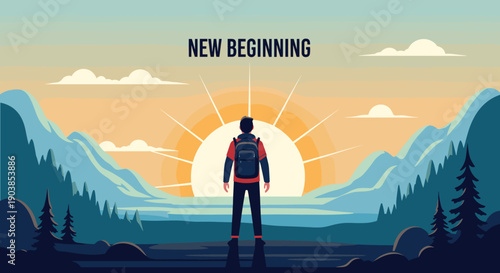 Solo traveler with a large backpack stands on a summit, watching the sunrise over a tranquil mountain landscape, symbolizing a new beginning and fresh start