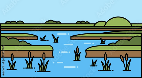 Minimalist flat design vector illustration of a tranquil marsh landscape with cattails growing in the calm blue water and green riverbanks under a clear sky