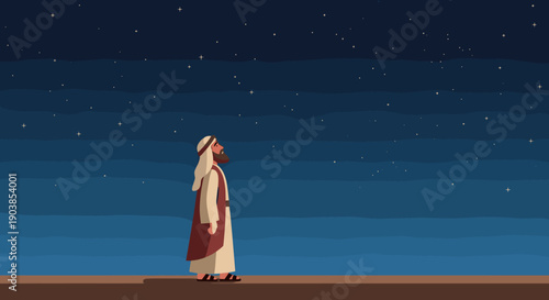 Biblical character with a beard standing in profile gazes up at the vast, star-filled night sky, representing faith, promise, and contemplation in a minimalist vector style