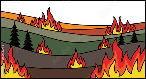 Graphic vector illustration of a wildfire burning through a pine forest on rolling hills, a stylized depiction of an environmental disaster with copy space at the top