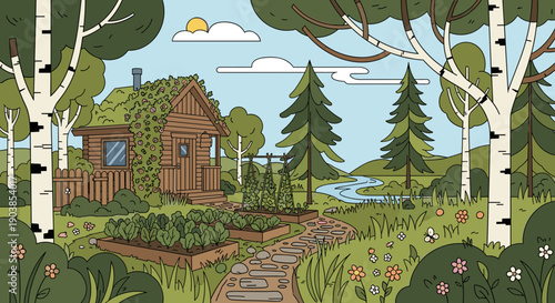 Rustic wooden cabin with a lush garden and stone path sits in a serene forest landscape with birch trees and a winding river under a sunny sky