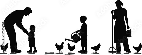 Family farming silhouettes, rural life with chickens, agriculture teamwork, sustainable living, black and white sketch, educational design, flat vector art
