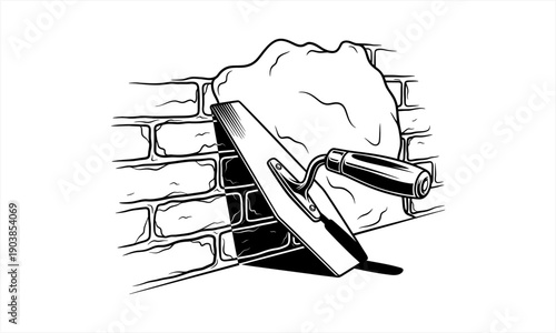 Trowel and mortar pile against a brick wall, construction tools.