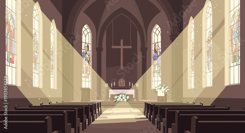 Empty church interior with rows of pews leading to an altar with a cross, illuminated by serene sunbeams streaming through stained-glass windows in a peaceful illustration