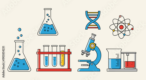 Set of colorful science and laboratory icons including a microscope, test tubes, flask, DNA, and atom symbol in a flat vector illustration style for educational or research concepts