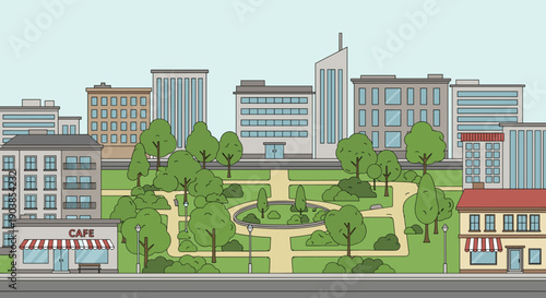 Simple city park illustration with trees and pathways surrounded by various buildings, shops, and a modern skyline in a clean, flat vector art style