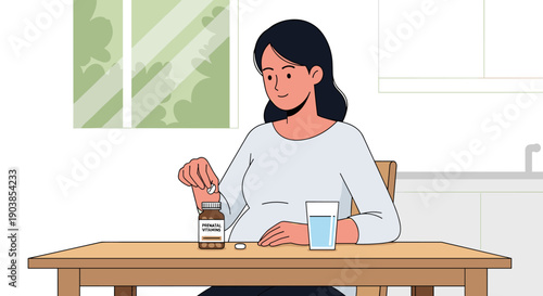 Pregnant woman with dark hair taking a prenatal vitamin, a simple illustration of maternity care, health, and daily routine in a minimalist kitchen setting