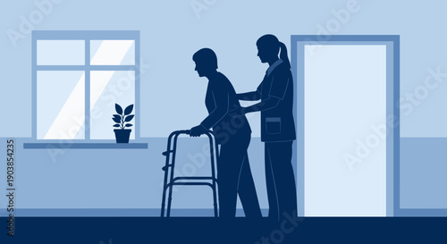 Supportive caregiver helping a senior woman walk with a zimmer frame, a flat vector illustration showing silhouettes in a blue monochromatic room