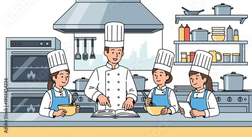 Male head chef instructor teaching three female students from a recipe book during a culinary masterclass in a professional restaurant kitchen, a flat vector illustration