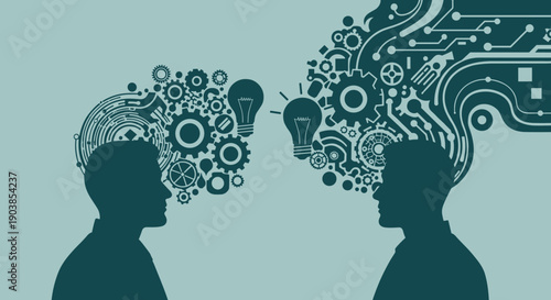 Two male head silhouettes exchanging complex ideas represented by gears, lightbulbs, and circuitry in a conceptual illustration about communication and technological innovation