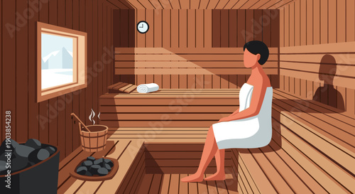 Woman wrapped in a white towel relaxes alone on a wooden bench inside a traditional steam sauna with a window view of a snowy mountain landscape in a flat vector style