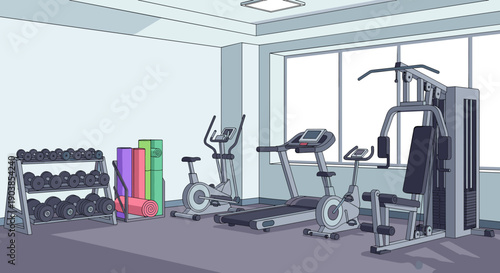 Modern gym interior with various exercise equipment like a treadmill, dumbbells, and a weight machine in a bright, clean room with a large window