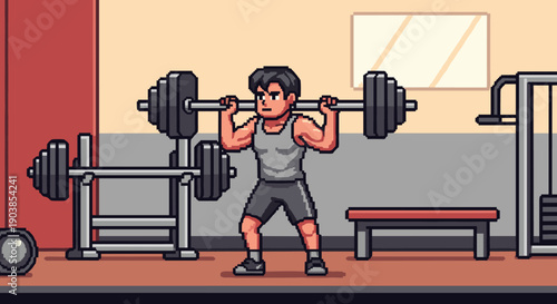 Muscular pixel art style man lifting a heavy barbell during a strength training workout in a retro video game style gym with exercise equipment in the background