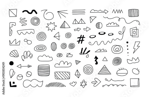 Black and white doodle style vector image shows various hand-drawn shapes and symbols.