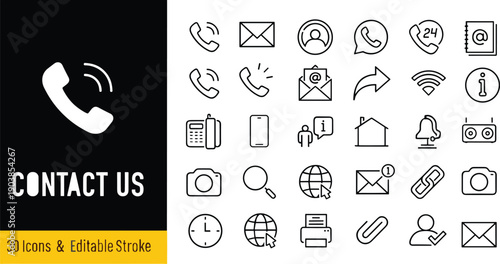 Contact icons set, editable stroke, communication symbols, phone, email, user profile, business, website, interface, modern design, vector illustration, technology, support, service, global connection