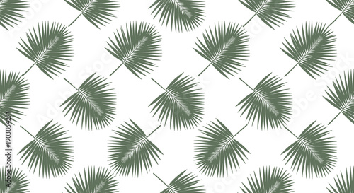 Minimalist green palm leaf seamless vector pattern with tropical fronds arranged in a diagonal repeat on a clean white background, creating a modern and natural design