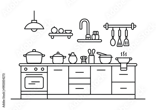 Vector illustration of a modern equipped kitchen setup for cooking