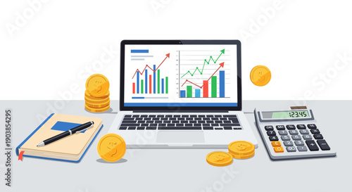 Laptop with financial charts on screen is surrounded by gold coins, a calculator, and a notebook, illustrating business growth, investment, and accounting concepts