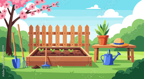 Lovely cartoon backyard garden with a raised bed of seedlings, various tools, a wooden fence, and a blooming tree during a beautiful and sunny spring day
