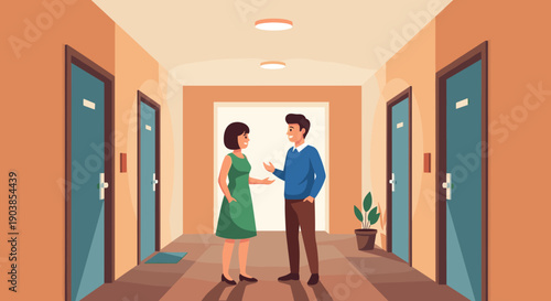 Friendly man and woman talking together in a modern building corridor, a flat vector illustration depicting a neighborly conversation, communication, and community