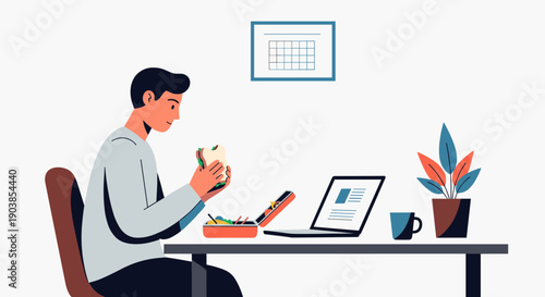 Young man eating a sandwich at his desk with a laptop and lunchbox, taking a break from work in a modern flat style vector illustration isolated on white