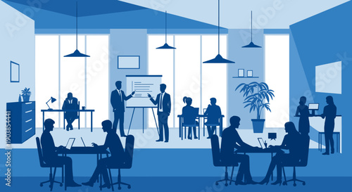 Business people silhouettes working in a modern office during a presentation and daily tasks, a monochromatic blue vector illustration of a corporate workplace