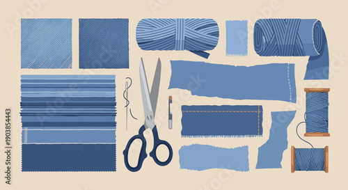 Collection of blue sewing and craft supplies including fabric swatches, thread spools, scissors, and a needle arranged in a flat lay illustration on a beige background