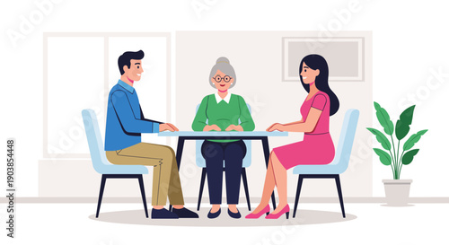 Young couple and a senior woman sitting at a table having a friendly conversation or business meeting in a modern, minimalist interior. Flat vector illustration