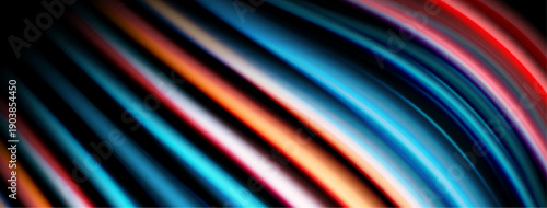 Abstract colorful lines curve, creating dynamic visual effect. Bright hues blend into darkness. Smooth gradients dominate composition.