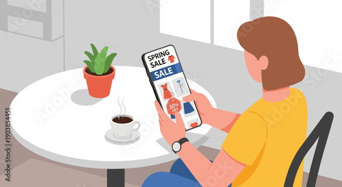 Woman using a smartphone to shop for clothes during a spring sale, sitting at a cafe table with a cup of coffee in a modern flat vector illustration style