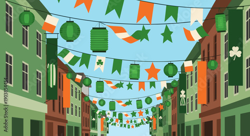 Festive Irish themed street decorations with flags, lanterns, and shamrocks strung between buildings for a cultural celebration, viewed from a low angle in a flat vector style