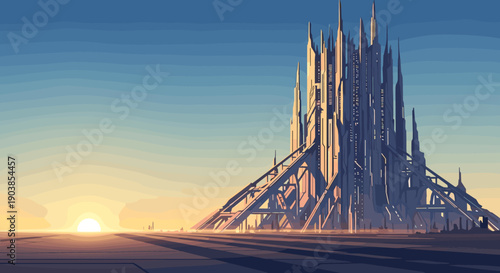 Massive futuristic sci-fi building with tall spires stands in a vast desert landscape, illuminated by the warm golden light of a rising sun against a clear blue sky