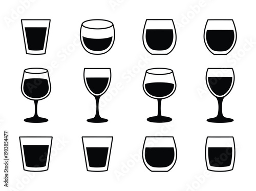 Vector set of black and white illustrations showing various glassware designs