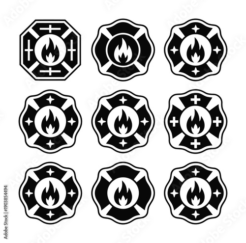 Vector black and white firefighter cross emblem designs in a grid