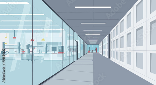 Empty modern corridor with a glass wall looking into a scientific laboratory with equipment and desks, showcasing a clean, minimalist interior design with a long perspective