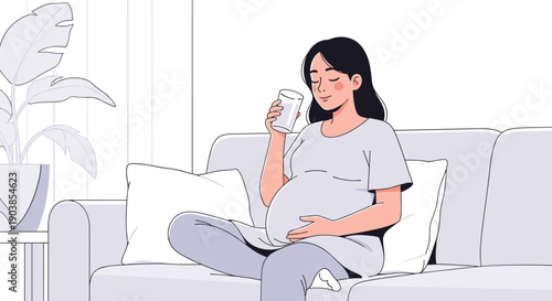 Serene pregnant woman with dark hair relaxing on a couch while drinking a glass of water and holding her belly in a minimalist illustration style