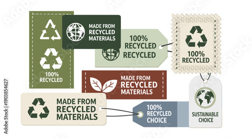 Set of eco-friendly product labels and tags with recycling symbols, globe icons, and sustainability messages promoting responsible consumption, isolated on a white background