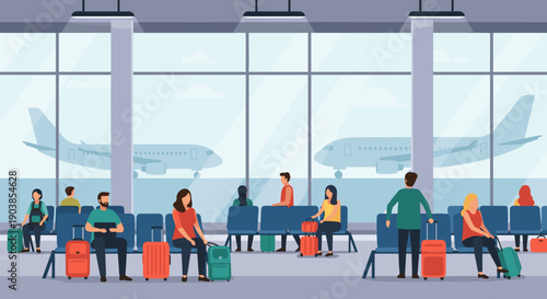 Diverse group of travelers with luggage sitting in an airport departure lounge waiting for their flight with airplanes visible through the large windows
