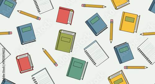 Colorful cartoon books notebooks and pencils pattern creating a seamless background for education, school, or study themes, illustrated in a simple flat style on a light backdrop