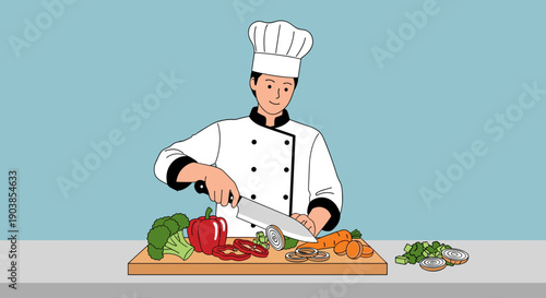 Professional male chef in a white uniform and toque hat diligently chops fresh vegetables like peppers and onions on a wooden cutting board, a clean vector illustration