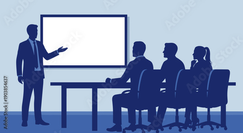 Businessman silhouette giving a presentation to colleagues in a modern office boardroom, pointing at a blank white screen for copy space, a flat vector illustration