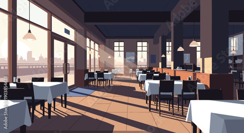 Empty modern restaurant interior with tables and chairs bathed in warm morning sunlight streaming through large windows, creating long dramatic shadows across the floor