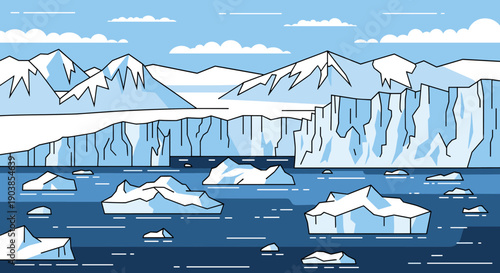 Arctic landscape illustration with glaciers and icebergs floating in the cold blue ocean under a clear sky with clouds, depicted in a minimalist flat line art vector style