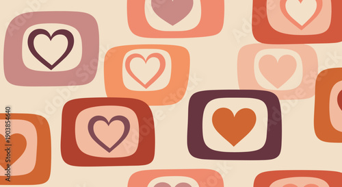 Retro groovy seamless pattern with hearts inside rounded squares in a warm 70s color palette, a romantic and nostalgic abstract background illustration for Valentine's day