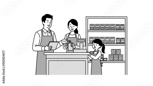 Small business owners serving a customer at the checkout counter, grocery store staff illustration.