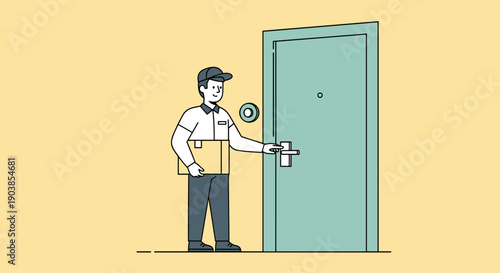 Friendly delivery man in a uniform holding a cardboard box stands at a customer's front door to deliver a parcel, minimalist line art illustration on a yellow background
