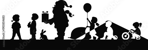 Christmas silhouette illustration showing Santa Claus giving gifts to children, holiday celebration, festive family tradition, winter joy, magic, seasonal design