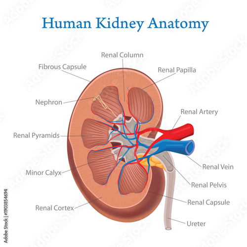 Human Kidney Anatomy Diagram with Labelled Parts, Renal Cortex, Pyramids, Nephron and Blood Vessels Medical Illustration. Human Kidney Anatomy Labelled Medical Diagram.