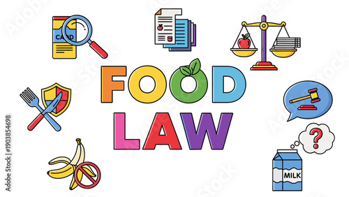 Food Law concept with various icons, nutrition regulations, legal compliance in food industry