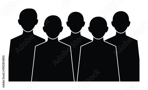Black silhouette vector image of five people standing together in a row